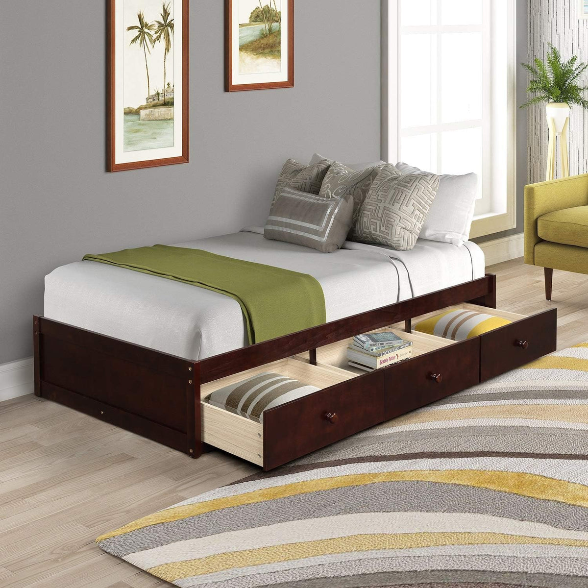 Brown Cherry Twin Platform Bed with 3 Drawers H906