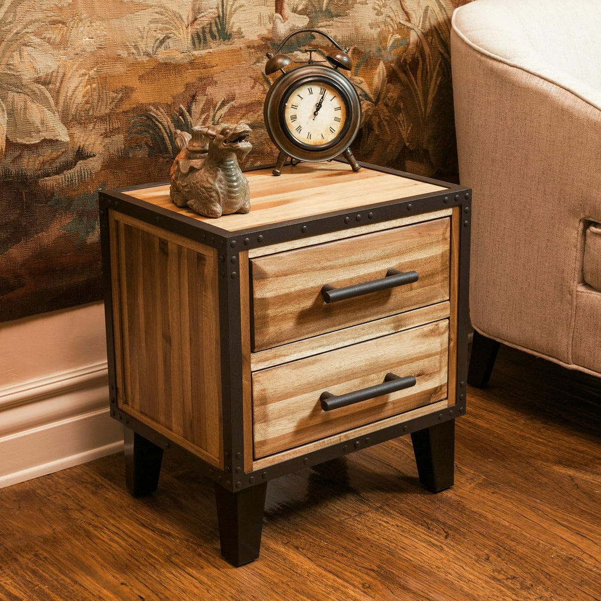 Natural Stained Acacia Wood Two Drawer Night Stand O968