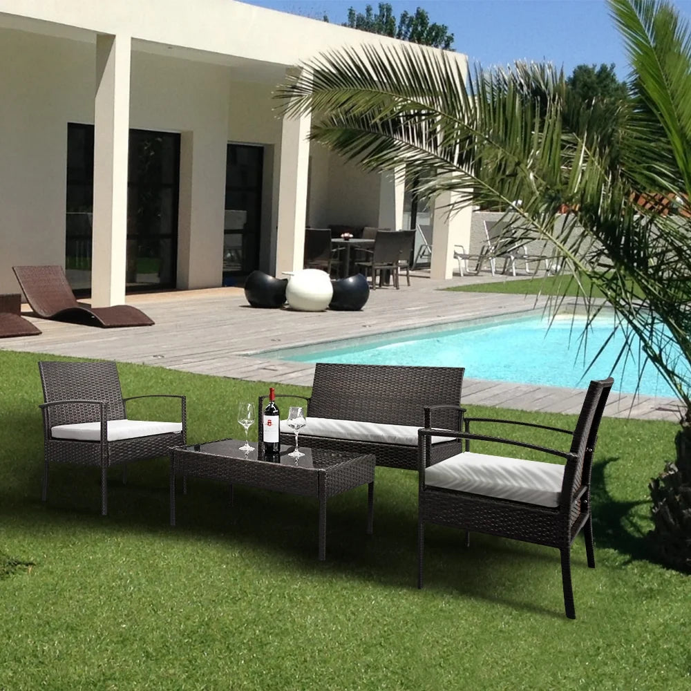 4-Piece Wicker Rattan Sectional Sofa Couch with Glass Coffee Table F6675