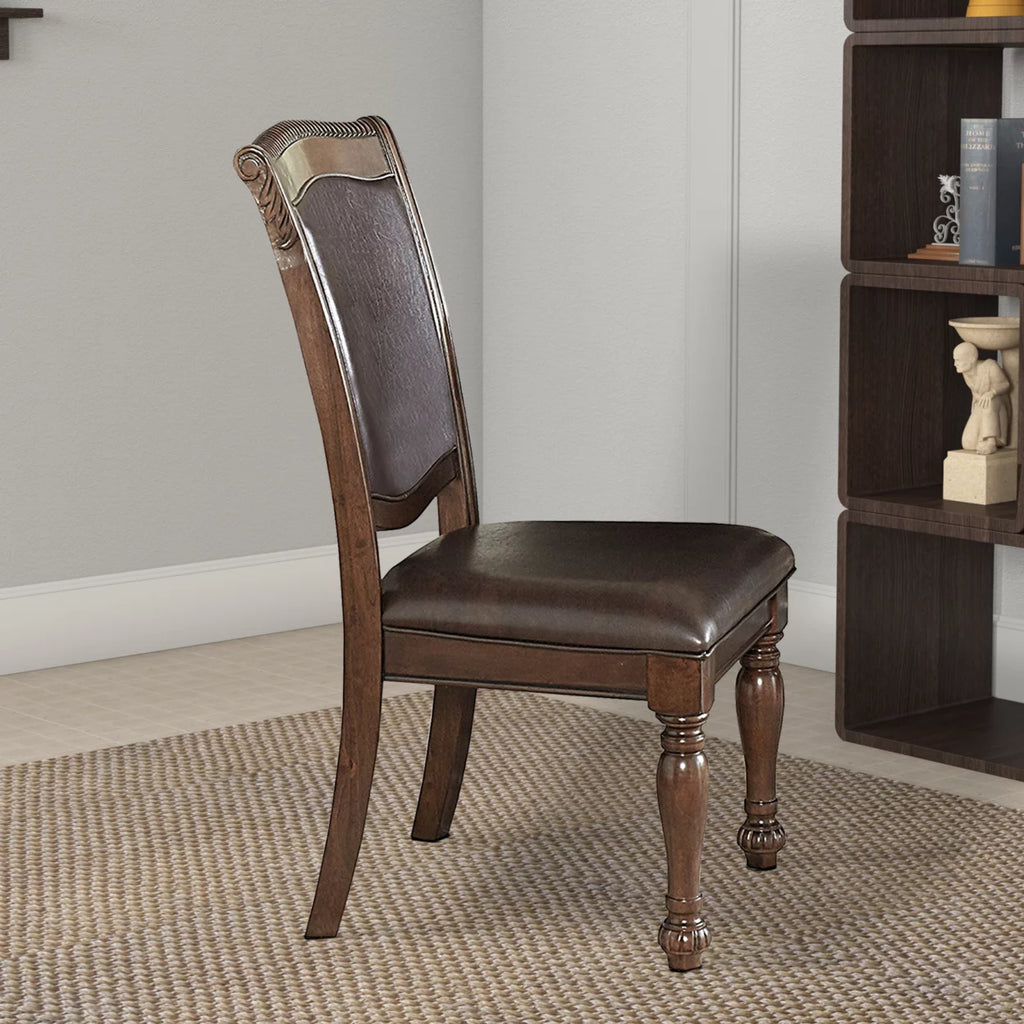 Wood and Leather Dining Side Chair, Cherry Brown and Dark Brown, Set of 2 O6551