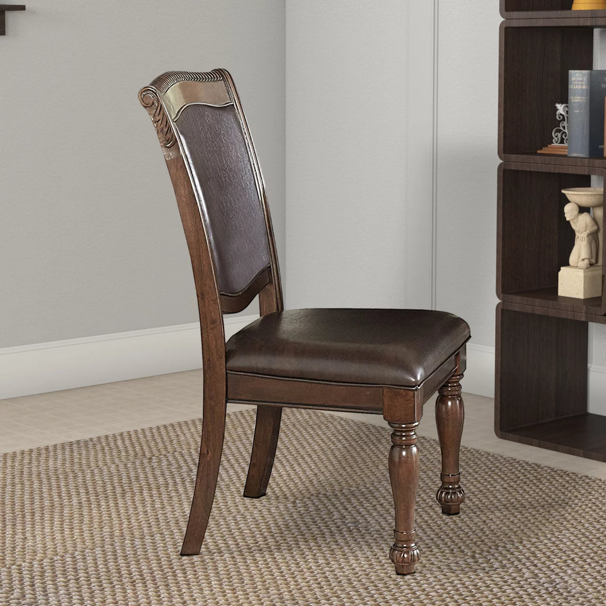 Wood and Leather Dining Side Chair, Cherry Brown and Dark Brown, Set of 2 O6551