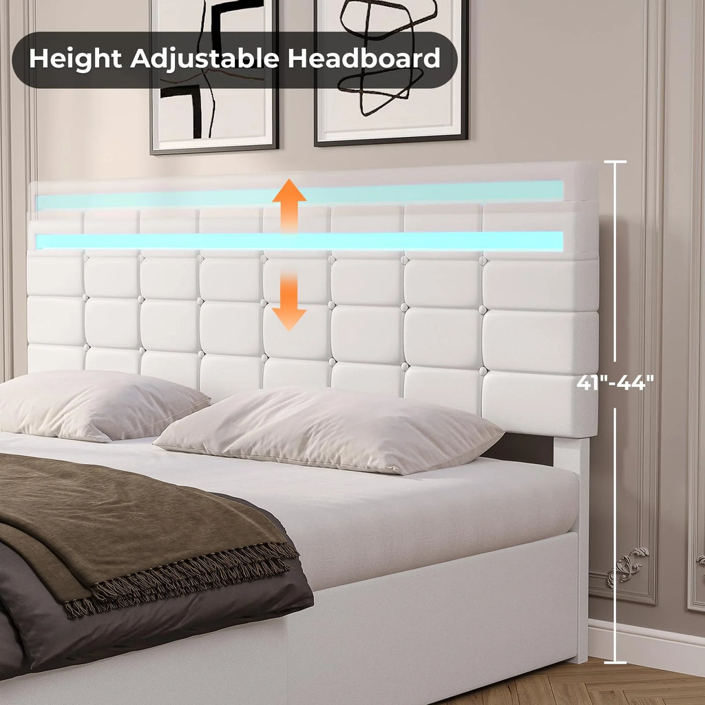 King Bed Frame with Storage Drawers, LED Lights, USB Port, White K4474