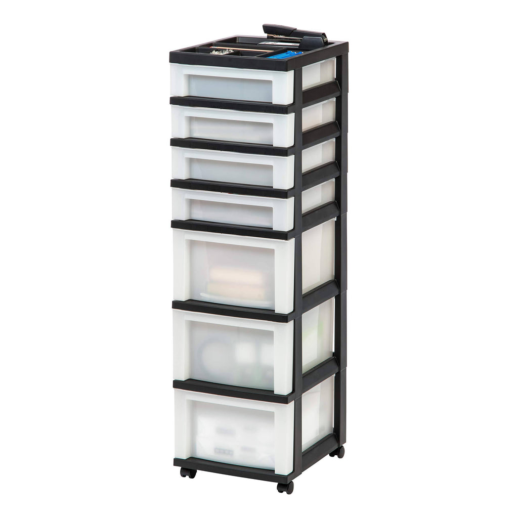 Medium 7-Drawer Rolling Storage Cart with Organizer Top, black/pearl P8375