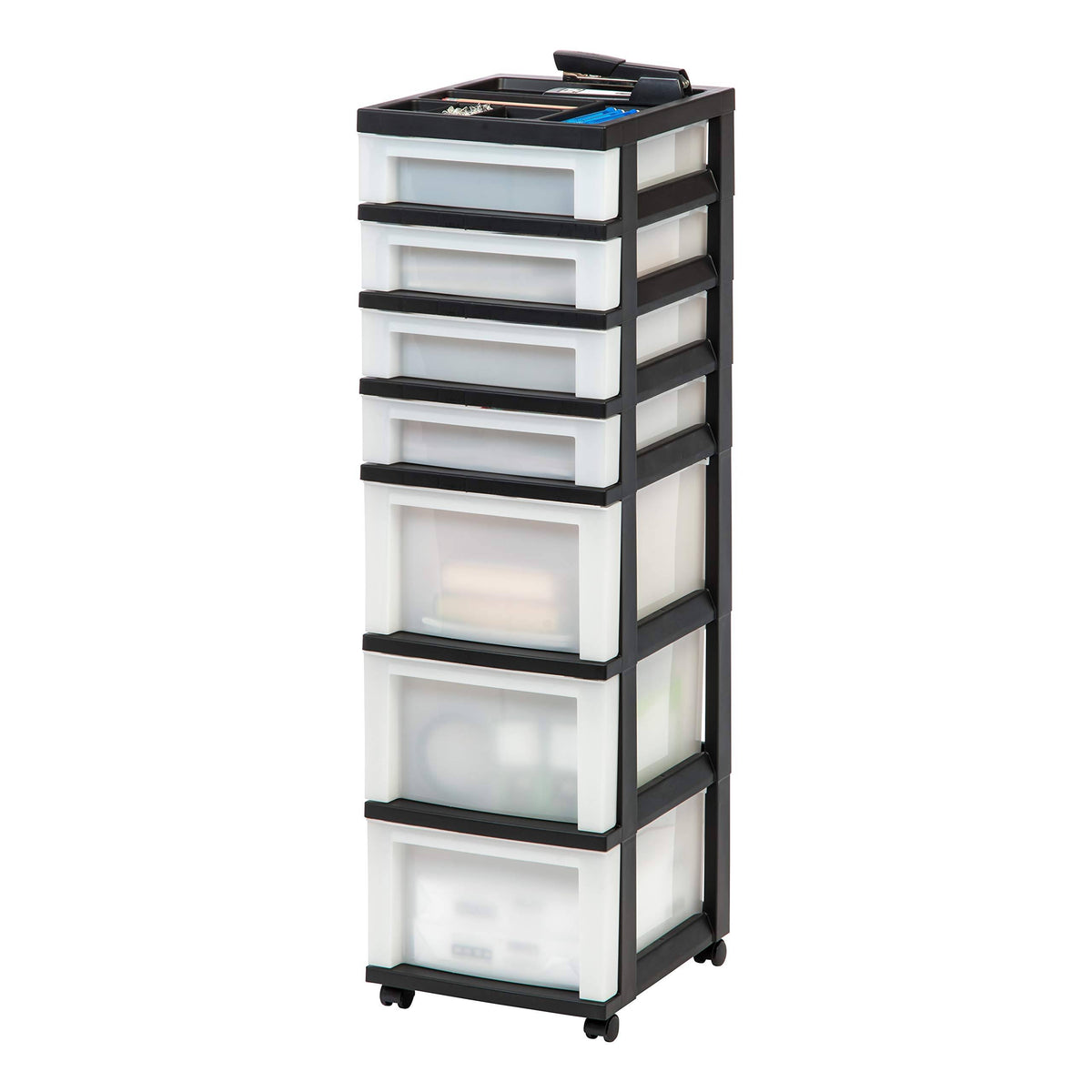 Medium 7-Drawer Rolling Storage Cart with Organizer Top, black/pearl P8375