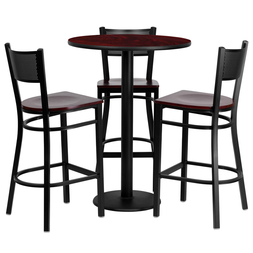 30 Round Mahogany Laminate Table Set with 3 Grid Back Metal Barstools P4831