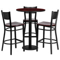 30 Round Mahogany Laminate Table Set with 3 Grid Back Metal Barstools P4831