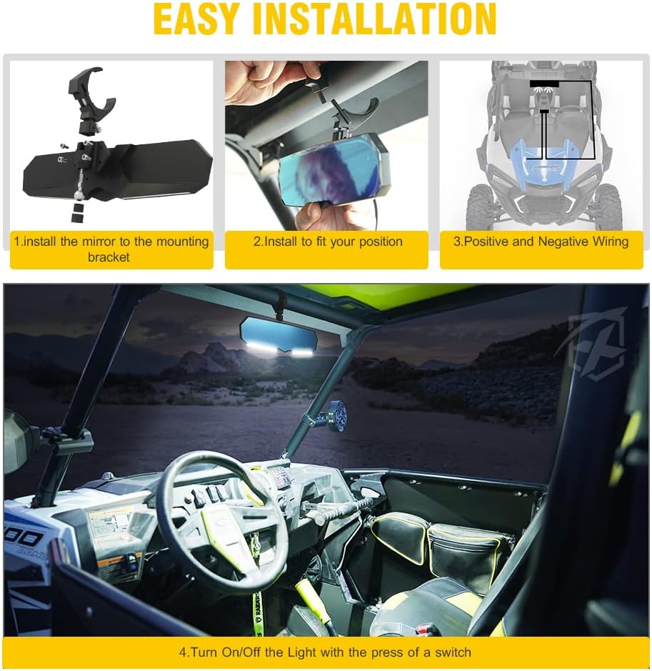 13 UTV Rearview Center Mirror with COB LED Interior Lights and Rocker Switch, Aluminum Rear View Mirrors A893496