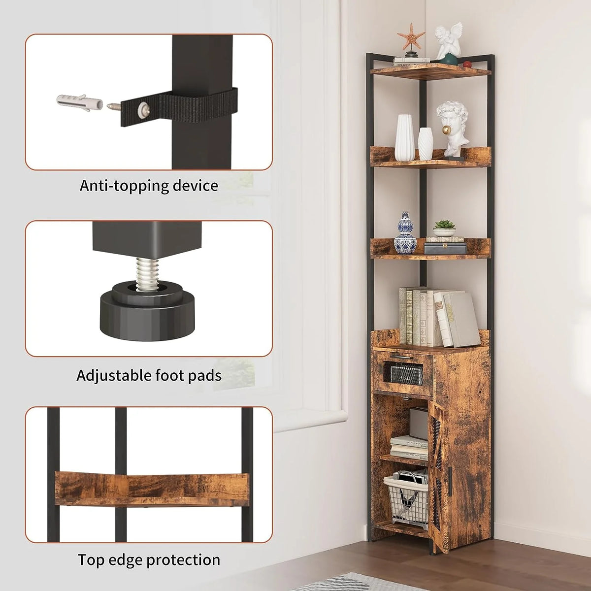 Grey 7-Tier Corner Cabinet with Drawer H514346