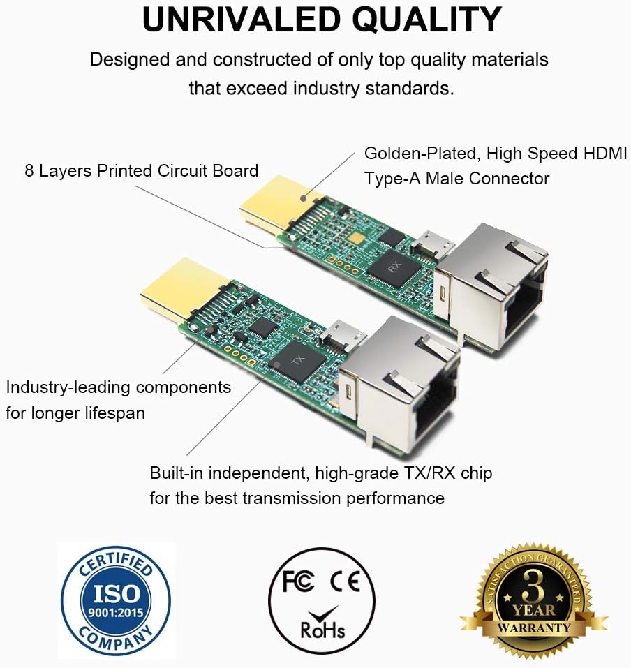 196ft 1080p HDMI Extender Over Single CAT5e/CAT6 Cable with Remote IR Control, HDMI Transmitter and Receiver Kit L611036