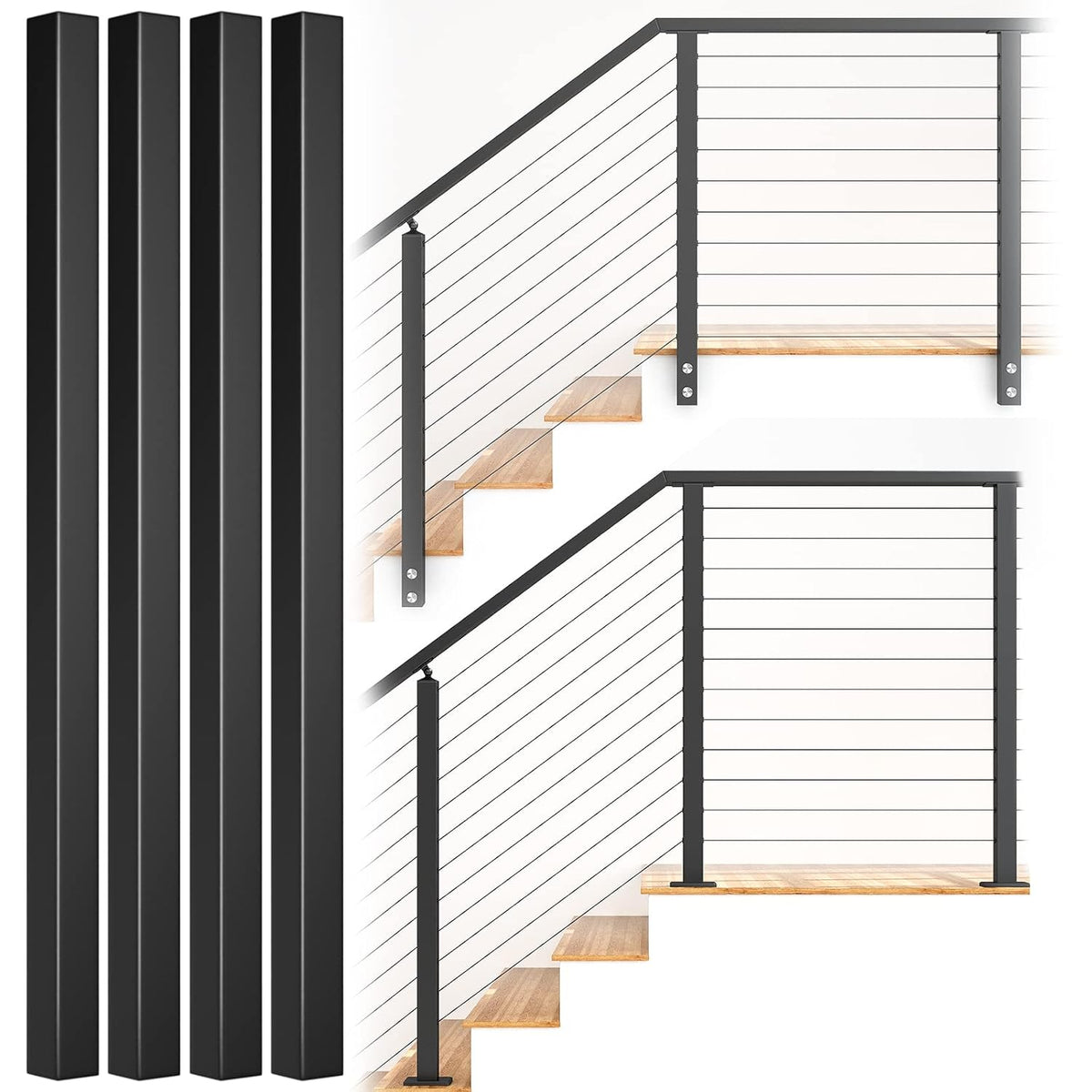2-Pack 36-42 inch Assembled Weldless 2x2 Square Aluminum Black Powder Coated Side Mount Surface Mount Posts Y167
