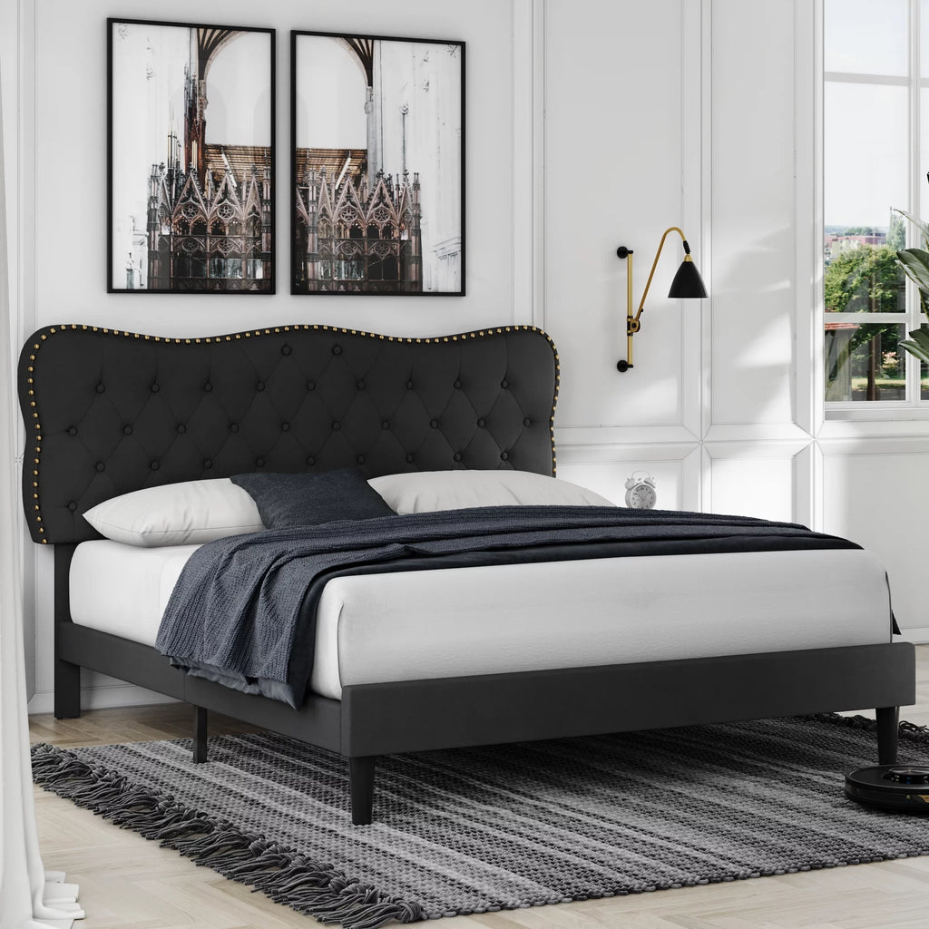 Queen Size Black Linen Upholstered Platform Bed H84229