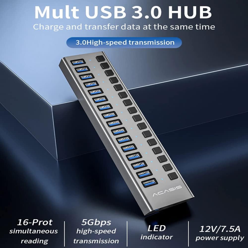 16 Ports USB 3.0 Powered Hub with Individual On/Off Switches and Power Adapter, Pack of 2 Q49717