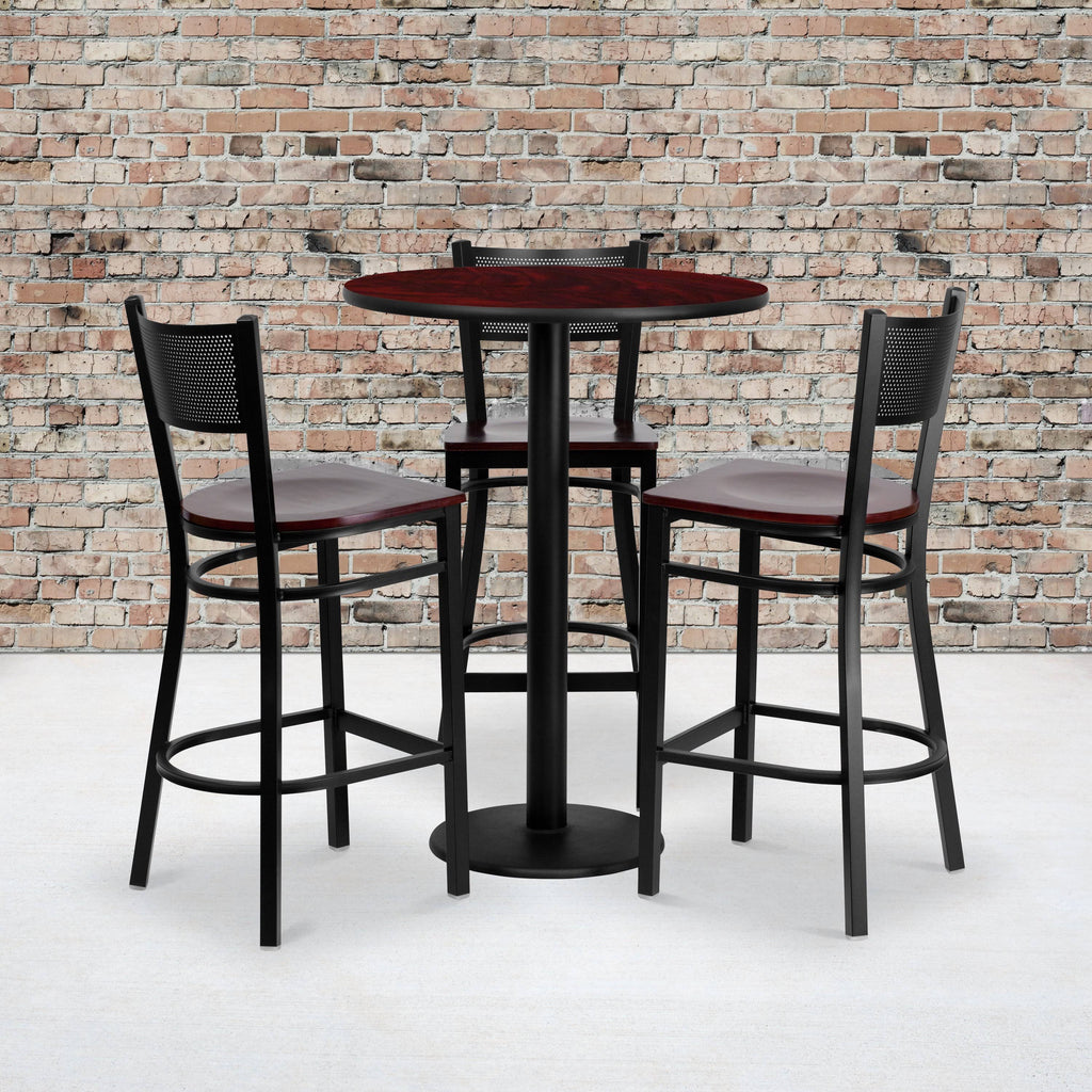 30 Round Mahogany Laminate Table Set with 3 Grid Back Metal Barstools P4831
