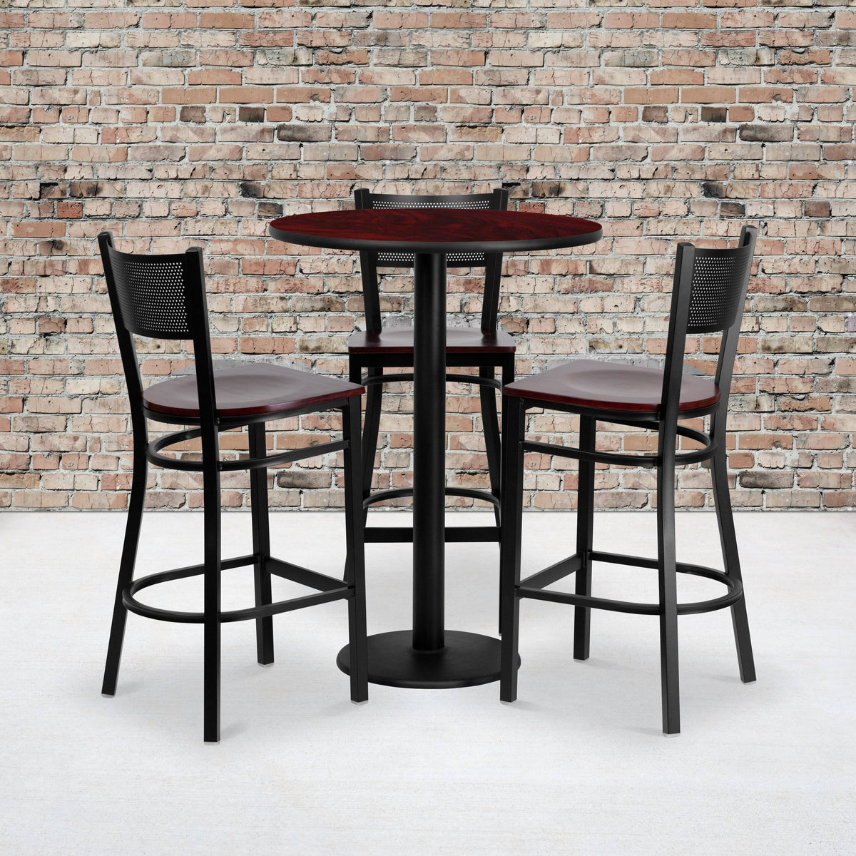30 Round Mahogany Laminate Table Set with 3 Grid Back Metal Barstools P4831
