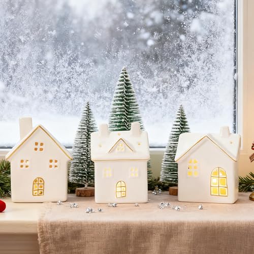 White 3Pcs Ceramic Christmas Village Houses G811