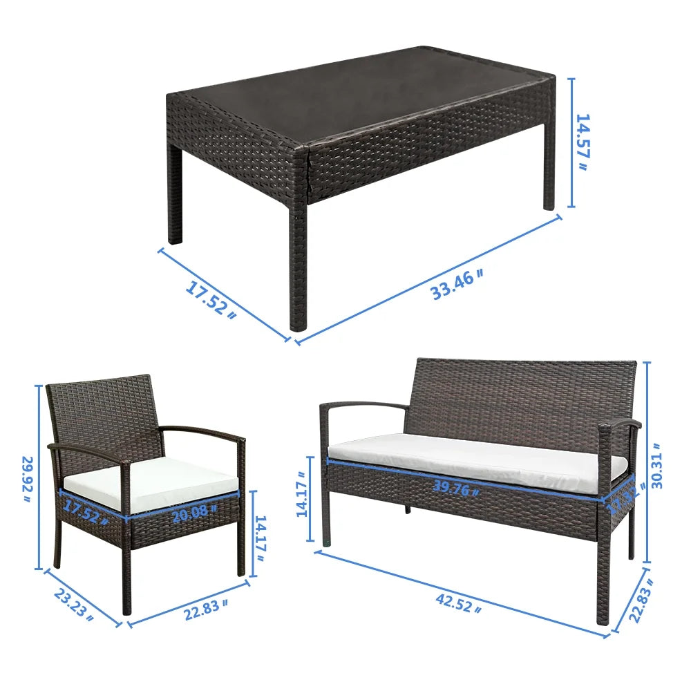 4-Piece Wicker Rattan Sectional Sofa Couch with Glass Coffee Table F6675