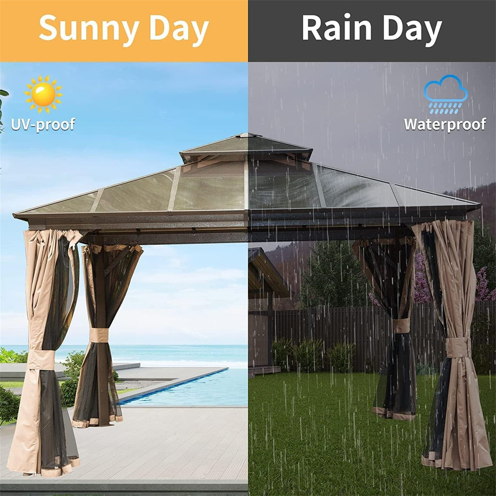 Hardtop Gazebo with Polycarbonate Double Roof, Aluminum Frame, Bug Netting & Privacy Curtains A83899
