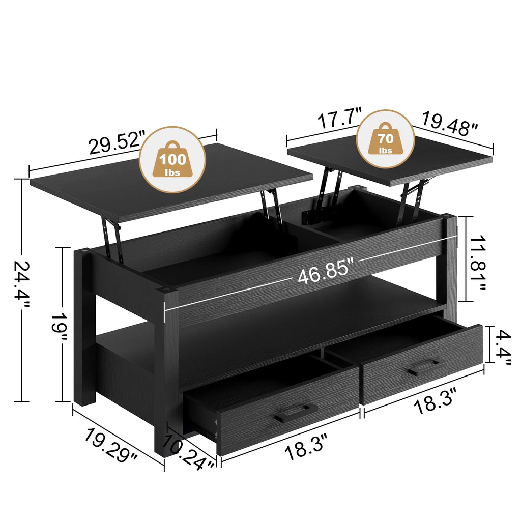 47.2'' Lift Top Coffee Table with Storage, 2 Drawers Black C951